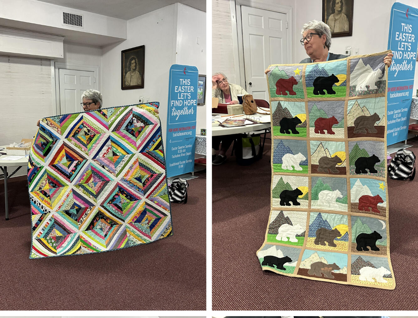 Colorful geometric quilt. Cuddly bears. Makes one want to read "Brown Bear Brown Bear What Do You See". Colorful geometric quilt. Cuddly bears. Makes one want to read "Brown Bear Brown Bear What Do You See".